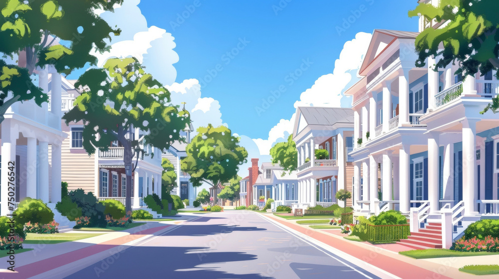 A street lined with traditional colonialstyle homes featuring white pillars and shutters contrasted against a row of sleek geometric minimalist homes with large windows and