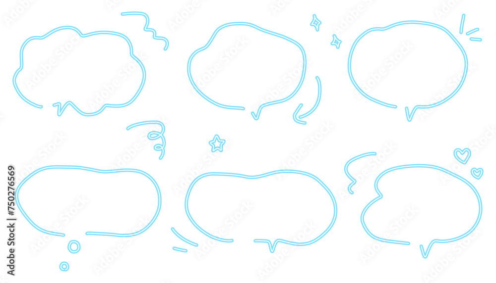 手書きの吹き出しセット、フレーム、水色の吹き出し