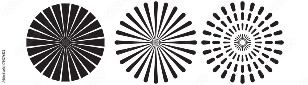 Rays, beams element. Sunburst, starburst shape on white. Radiating, radial, merging lines. Abstract circular geometric shape. Rays, beams element. Sunburst, starburst shape on white. Radiating, radial, merging lines. Abstract circular geometric shape.