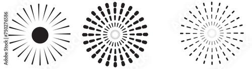Rays, beams element. Sunburst, starburst shape on white. Radiating, radial, merging lines. Abstract circular geometric shape.