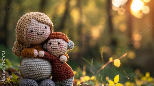 Crochet doll of a pregnant mom hugging her bigger boy in the garden. photo