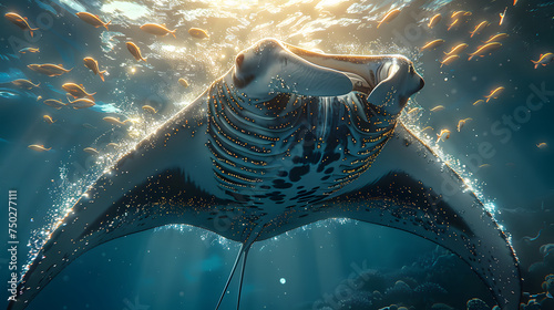 A manta ray is adorned with gold and turquoise jewels, swimming gracefully in the deep sea. The sun shines on the back.