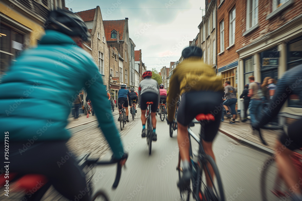 group cycling tourist meandering through charming small towns
