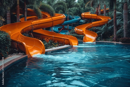 A peaceful water park scene with orange slides nestled among tropical palms, evoking relaxation and escape