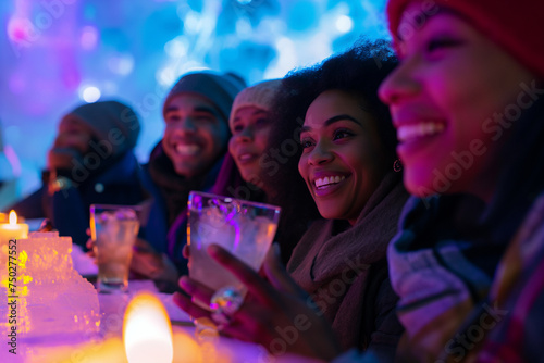  Capture a group various ethnic enjoying drinks at an ice bar illuminated by ethereal candlelight. 