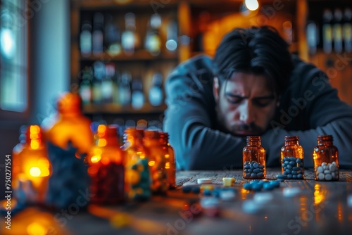 Man with a beard looking sorrowfully at pill bottles, depicting concern and depth
