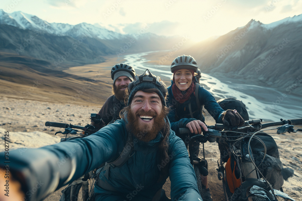  three friends from diverse selfie with the stunning scenic backdrop