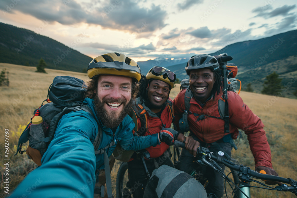  three friends from diverse selfie with the stunning scenic backdrop