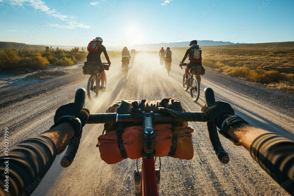 cyclist captures a moment through their handlebars, framing fellow