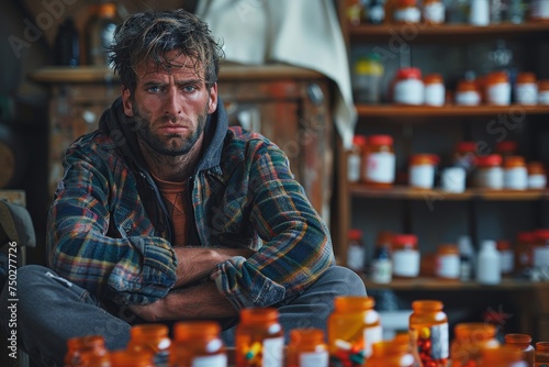A tense man gazes intently, surrounded by many bottles of colorful pills, invoking a strong emotional response
