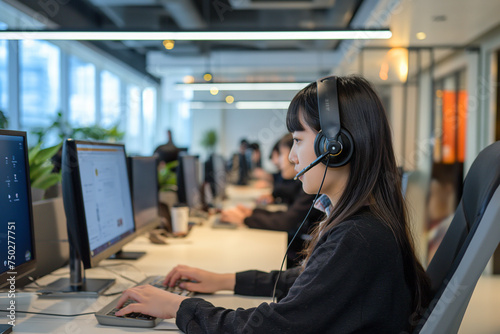 call center, East Asian agents in stylish, professional attire navigate through customer calls with ease and efficiency