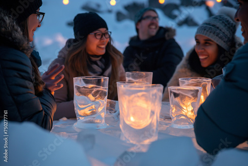 guests of different ethnic backgrounds gather at an ice bar under the gentle illumination of candlelight, in North or Latin America.