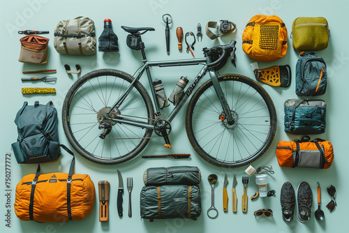 Against a serene light blue backdrop, the essentials of a bikepacking adventure are meticulously laid out in a knolling arrangement