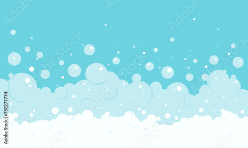 Cartoon foam bubble blue background, bath soap frame, shower water pattern, laundry transparent suds. Abstract wash vector illustration