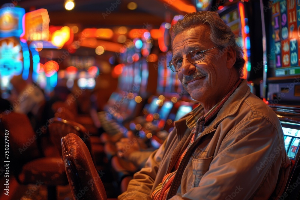 An older man exhibits a content expression while seated at a casino slot machine with colorful lights