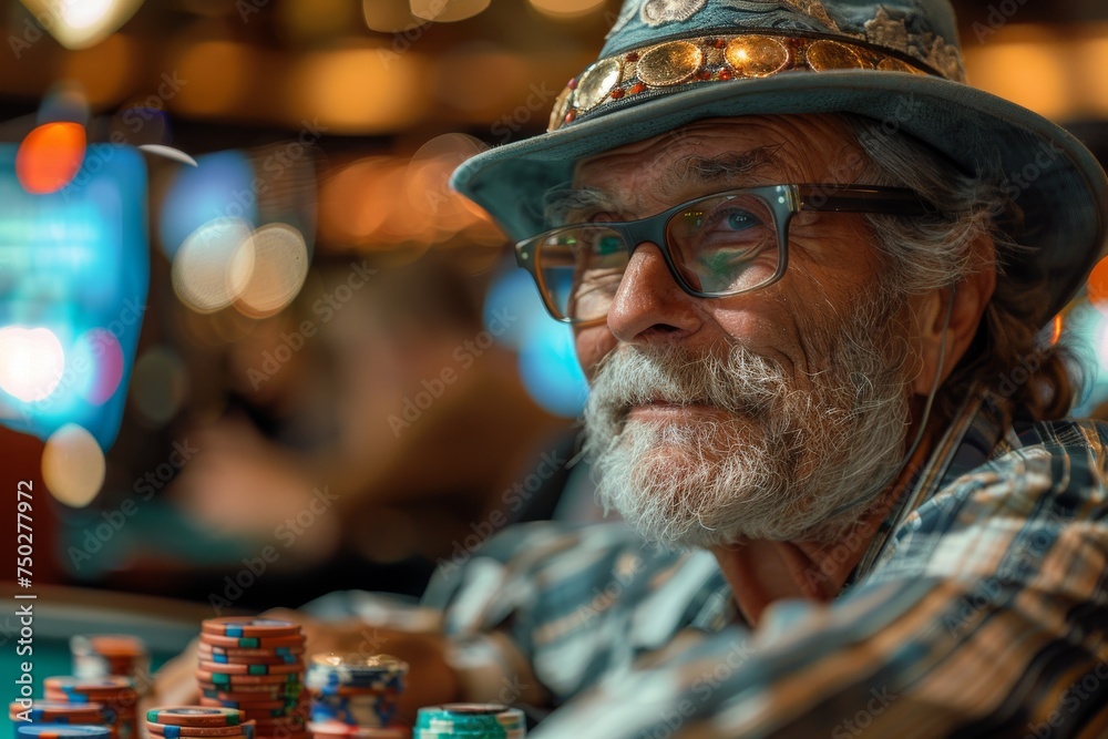 A cowboy with a distinctive hat is seen engaged in a gambling setting with vibrant casino lights