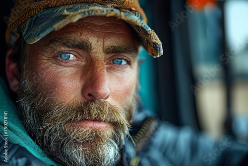 Close-up of a truck driver with striking blue eyes and scruffy beard suggesting experience and focus