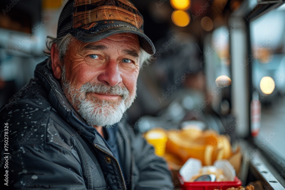 Smiling man with a weathered face serves food at an outdoor window, conveying hospitality on a rainy day