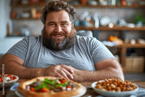 A smiling bearded man sitting with a colorful, varied meal, emphasizing joy in dining