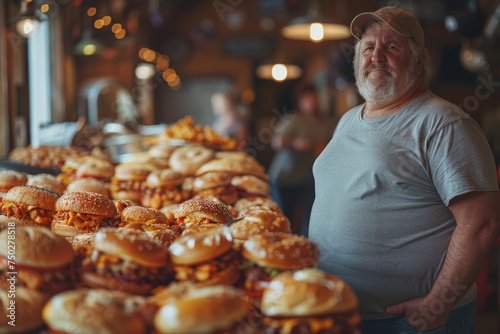 An individual passively stands observing a grand display of assorted burgers, depicting a sense of abundance in a casual diner setting photo