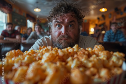 A dramatic image of a man with wide eyes focused on a towering pile of fries in front of him
