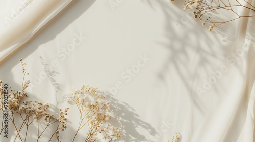 Flay lay of dried floral branches on plain background with organic objects for POD or printable products mockups with earthy natural eco vibes, natural lighting, blank empty space on right for listing