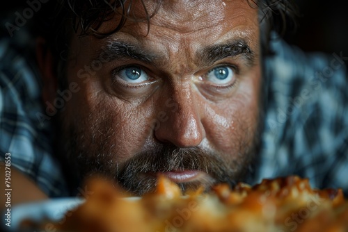 Close-up image of a man with a beard giving an intense, hungry gaze towards the camera with food in the foreground