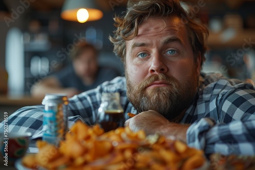 A bored-looking man with a full beard leans on a table filled with food and a beer, looking disinterested