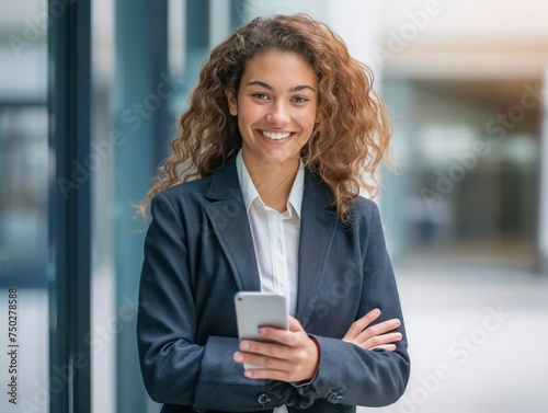 Portrait of smiling female business professional holding smart phone
