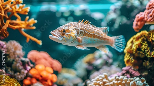 Wrasse fish elegantly swimming among colorful corals in vibrant saltwater aquarium. © Ilja