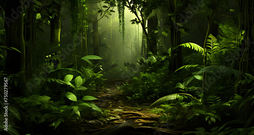 a dark green rainforest is in the foreground and a small black spot between photo