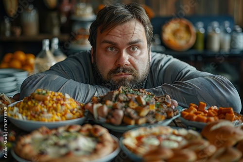A thoughtful looking man surrounded by an abundance of food photo