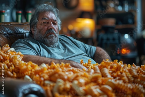 A man lounges on a sofa covered in snacks, representing overindulgence and sedentary lifestyle