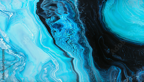 Abstract fluid art background black and blue colors. Liquid marble. Acrylic painting on canvas with turquoise gradient; watercolor texture for design; high