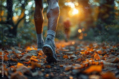A close-up shot capturing the details of a person's feet walking on a path covered with fallen autumn leaves, illuminated by a golden sunset
