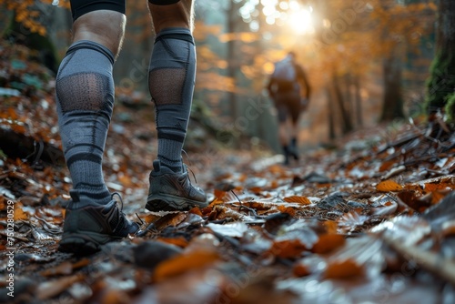 Photo of an athlete's legs in motion, running through an autumnal forest with leaves scattering among the vibrant natural scenery photo