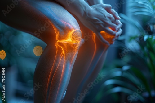 The image digitally highlights the hip area of a woman, illustrating the concept of hip joint pain with an artistic rendition of discomfort
