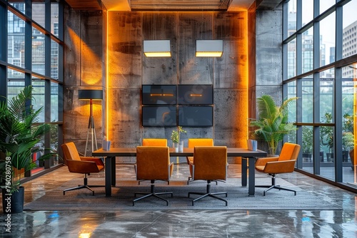 Stylish interior of a modern conference room in a corporate setting featuring orange chairs and striking lighting fixtures