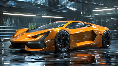 orange Ultimate sport car in the car dealer