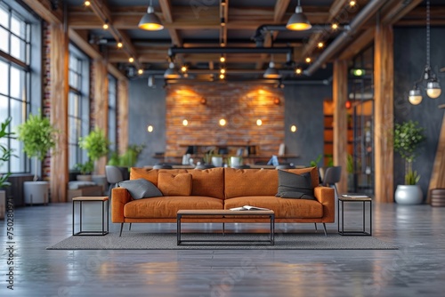 Spacious industrial loft living room featuring a chic orange velvet sofa set against a backdrop of stylish decor photo