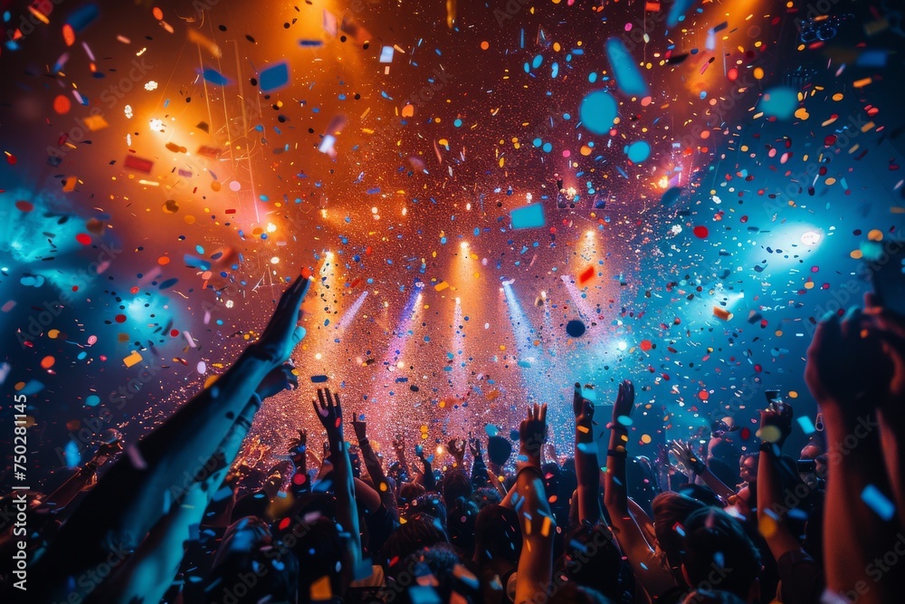 Revelers raise their hands in joy under a shower of confetti at a dynamic music event with impressive light beams