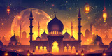 Mosque decorated with lanterns with a view of the sky at night with colorful background  Ramadan concept Nighttime View of a Mosque Under the Moon, Symbolizing Islamic Culture, Religion, and Architect