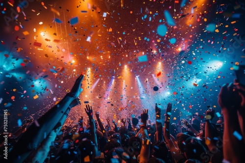 Revelers raise their hands in joy under a shower of confetti at a dynamic music event with impressive light beams
