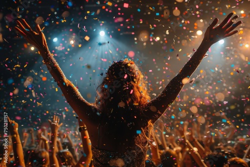 Arms outstretched, a person revels in the moment surrounded by a joyous crowd and an intense light and confetti show