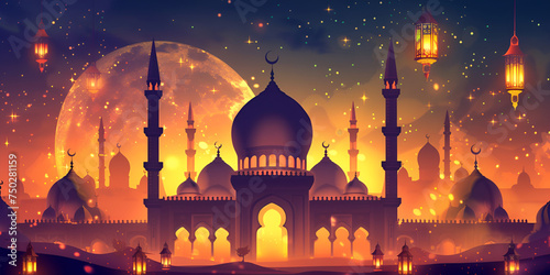 Mosque decorated with lanterns with a view of the sky at night with colorful background Ramadan concept Nighttime View of a Mosque Under the Moon, Symbolizing Islamic Culture, Religion, and Architect