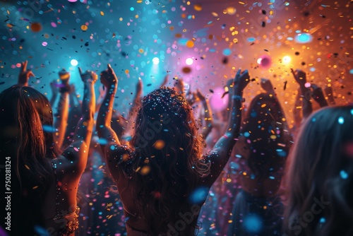 The audience in full celebratory mode with uplifted hands, showered in colorful confetti at a concert © familymedia