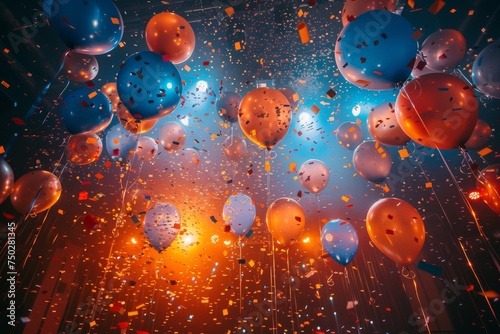 A lavish display of balloons with a confetti explosion, creating a festive and opulent atmosphere in rich, warm colors