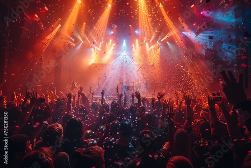 Immersive view of a live concert stage with a performing band, audience cheering, confetti explosion and dynamic stage lights