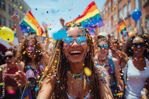 Exuberant woman wearing rainbow sunglasses and braids, smiling at a sunny Pride parade with confetti