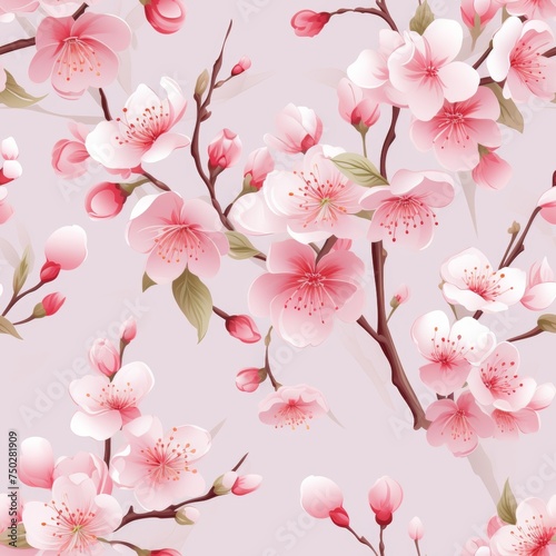 Soft and delicate pink cherry blossom flowers blooming on a light pink background, creating a stunning seamless pattern perfect for spring designs and feminine aesthetics.